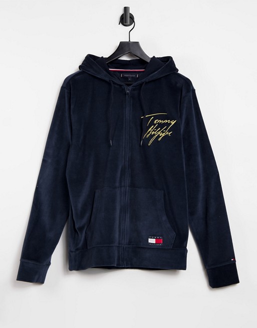 Tommy Hilfiger lounge velour hoodie in navy with gold script logo