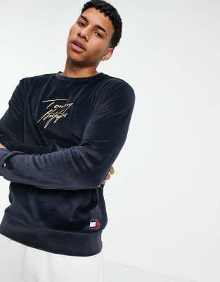 Tommy Hilfiger Lounge Velour Sweatshirt In Navy With Gold Script