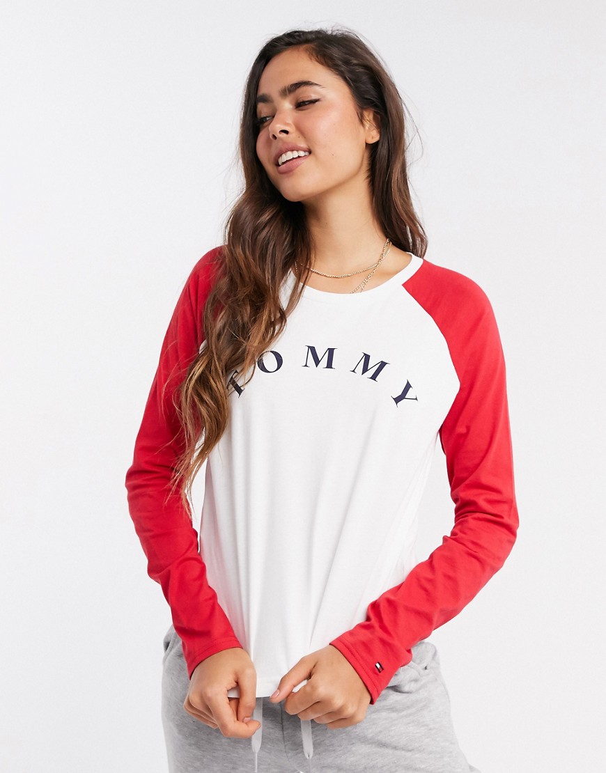 Tommy Hilfiger loungewear long sleeve logo t short in white and red-Multi