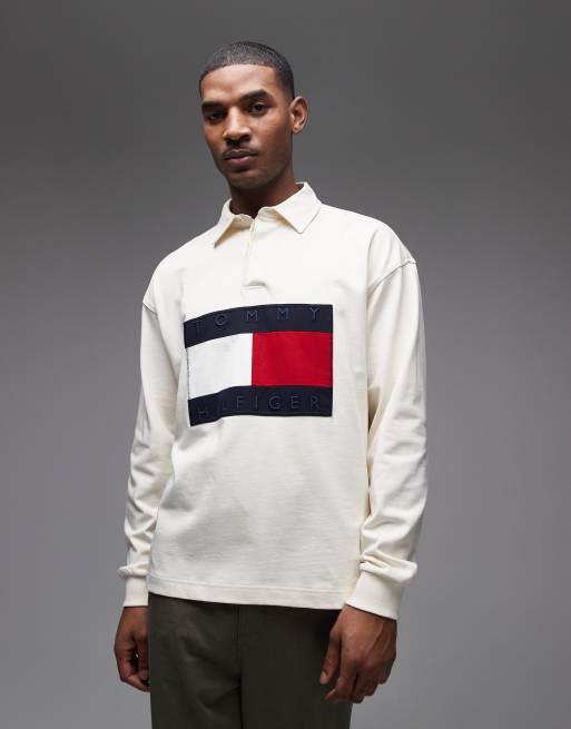 Tommy Hilfiger - Maglia color panna da rugby con bandiera