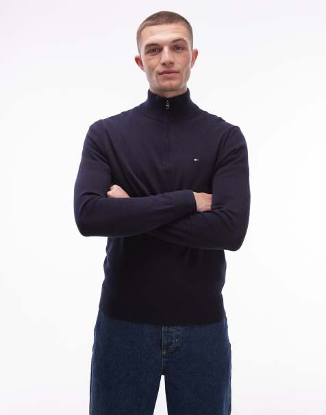 Tommy Hilfiger - Maglione basic in cotone color blu navy con zip corta - view 1