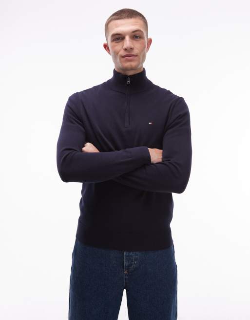Tommy Hilfiger - Maglione basic in cotone color blu navy con zip corta