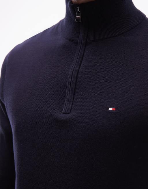 Tommy Hilfiger - Maglione basic in cotone color blu navy con zip corta, 5 di 5
