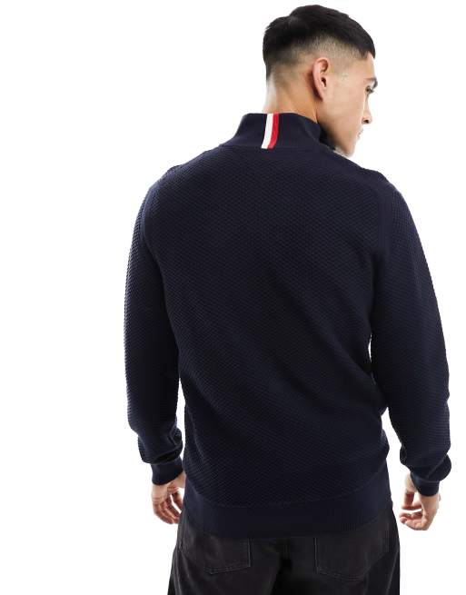Tommy Hilfiger - Maglione blu navy con struttura ovale e collo alto con zip, 4 di 4