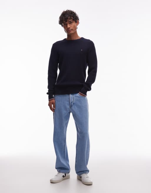 Tommy Hilfiger - Maglione girocollo color blu navy con profili a contrasto, 2 di 5