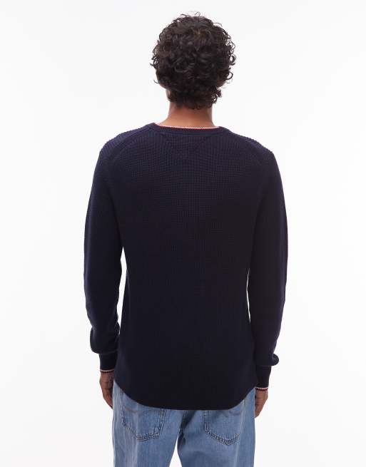 Tommy Hilfiger - Maglione girocollo color blu navy con profili a contrasto, 3 di 5