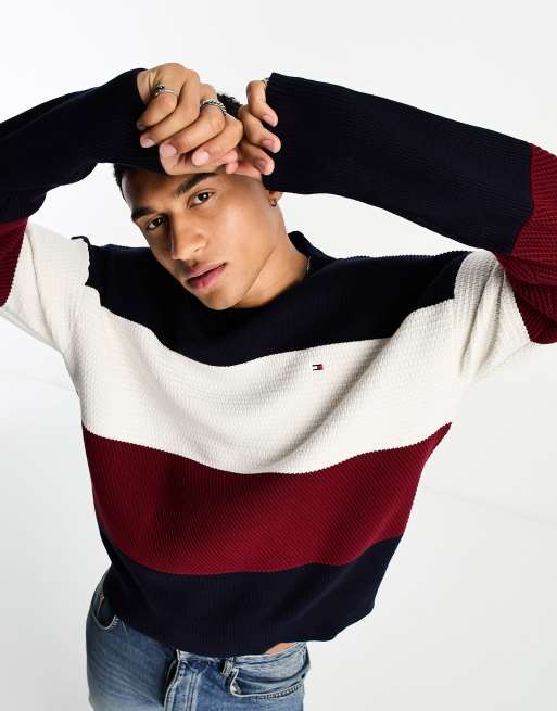 Tommy Hilfiger - Maglione girocollo testurizzato colorblock blu