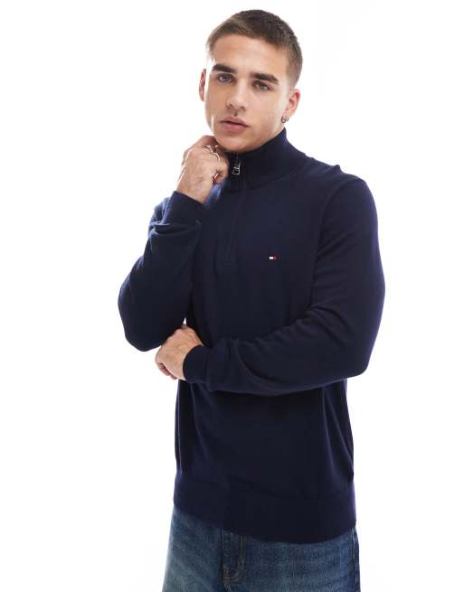 Tommy Hilfiger - Maglione premium color blu navy con zip corta