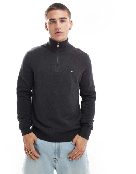 Tommy Hilfiger - Maglione premium color grigio scuro con zip corta - view 1