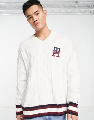 Tommy Hilfiger monogram cable knit cricket jumper in cream - ASOS Price Checker