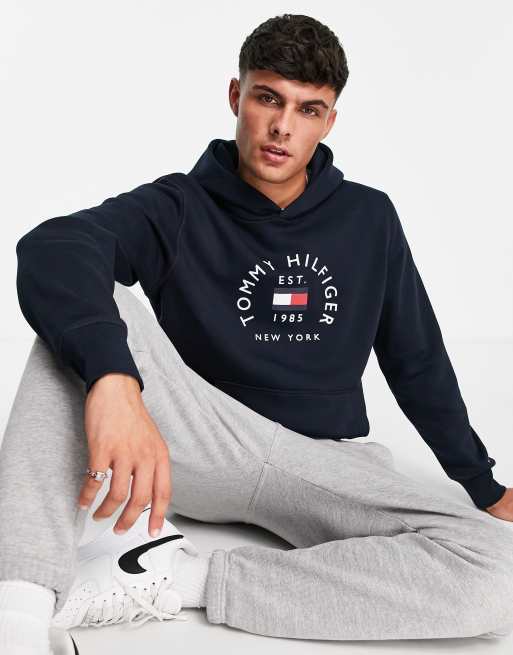 Tommy Hilfiger – Marinblå huvtröja med böjd flagglogga av bomullsmix , 3 av 4