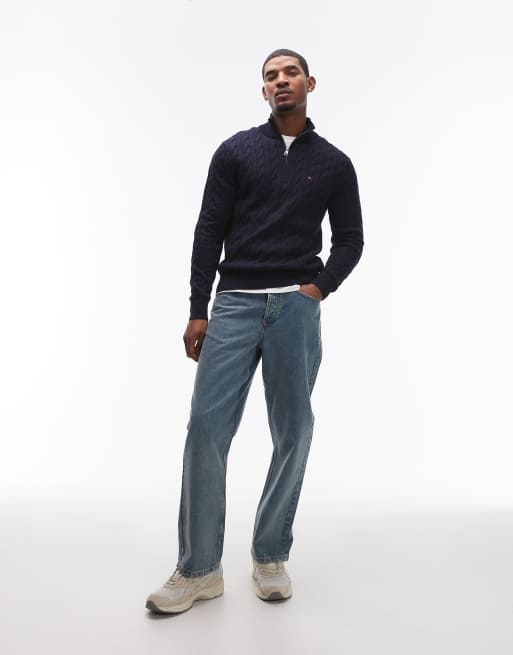 Tommy Hilfiger – Marinblå, kabelstickad tröja med 1/4-lång dragkedja, 3 av 4