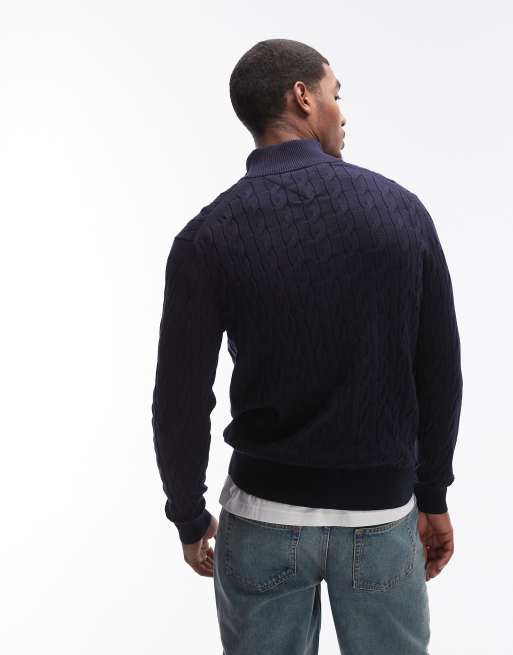 Tommy Hilfiger – Marinblå, kabelstickad tröja med 1/4-lång dragkedja, 4 av 4