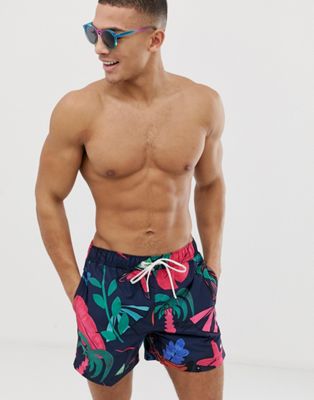 Tommy Hilfiger – Marinblå medellånga badshorts med dragsko och heltäckande bladmönster-Flerfärgad