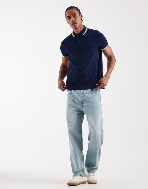 Tommy Hilfiger – Marinblå pikétröja i regular fit med kontrasterande krage och muddar, 2 av 5