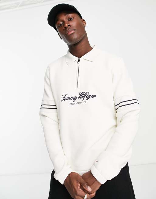 Tommy Hilfiger - Marineblå, blandingstype sweatshirt med scriptlogo og halv lynlås