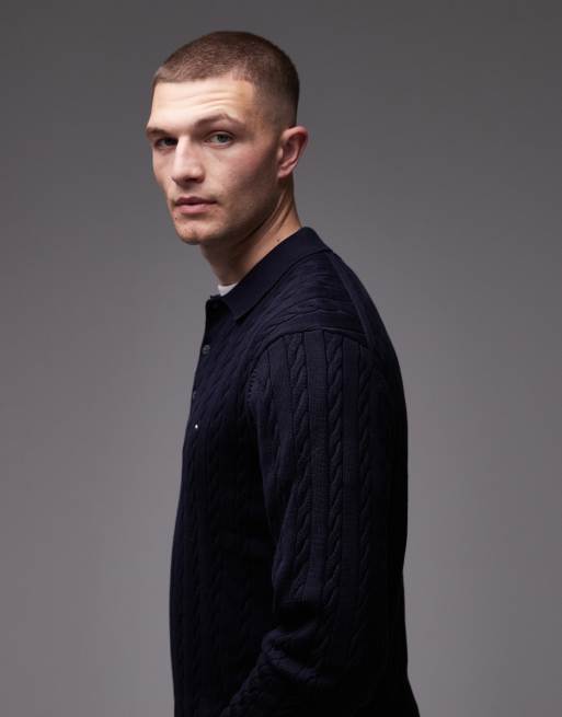 Tommy Hilfiger - Marineblå langærmet polo i kabelstrik, 5 af 5