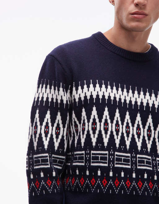 Tommy Hilfiger - Marineblå og hvid trøje i uld med islandsk mønster, 5 af 5