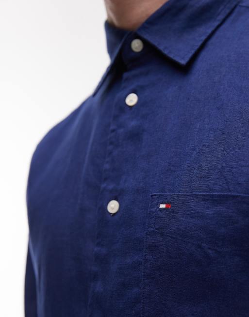 Tommy Hilfiger - Marineblå skjorte med lange ærmer i hør, 3 af 4