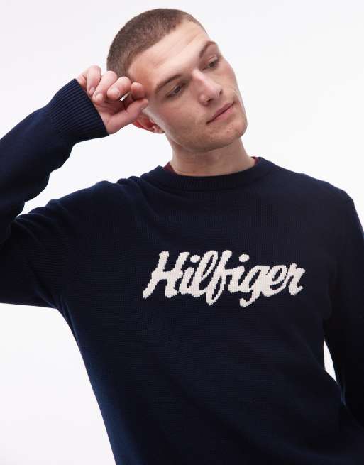 Tommy Hilfiger - Marineblå striktrøje med stort centralt logo med boble-tekstgrafik , 4 af 5