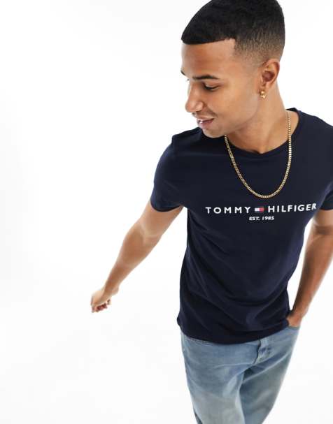 Tommy Hilfiger – Marineblaues T-Shirt mit gesticktem Flaggen-Logo - view 1