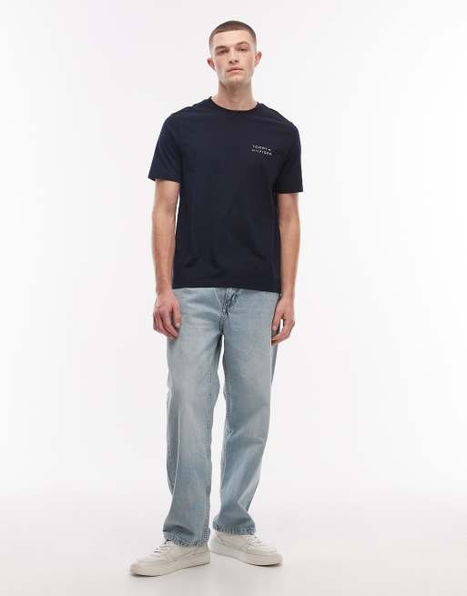 Tommy Hilfiger – Marineblaues T-Shirt mit gesticktem Stack-Logo, 2 von 5