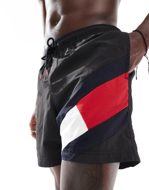 Tommy Hilfiger medium drawstring swim short with flag print in black, 2 of 4