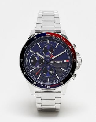 Tommy Hilfiger mens bracelet watch with navy and red dial in silver 1791718