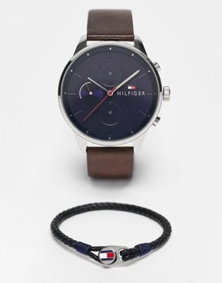 Tommy Hilfiger mens leather watch and braided bracelet gift set in brown