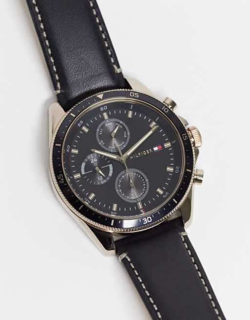 Tommy hilfiger watch cheap men's black leather strap