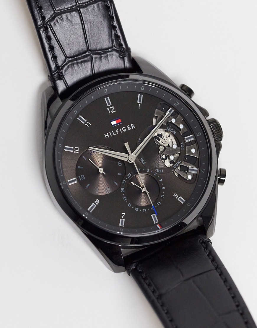 Tommy Hilfiger mens leather watch with skeleton detail in black