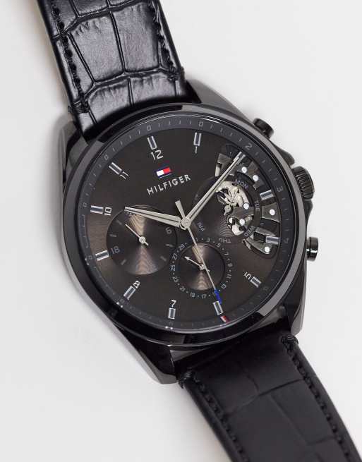 Tommy hilfiger men's black leather strap watch new arrivals