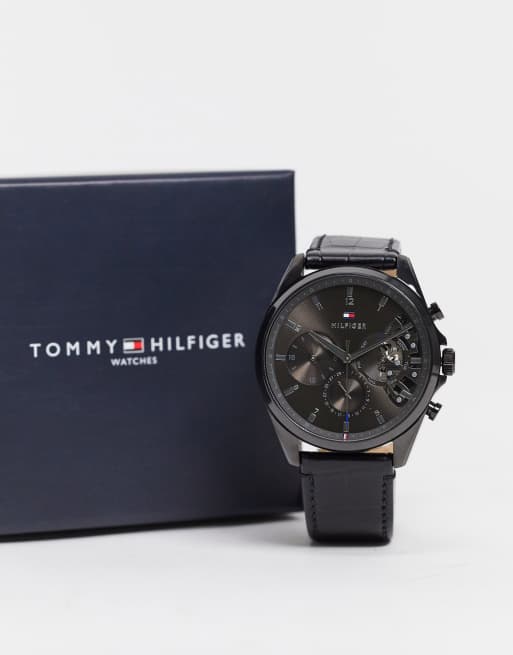 Tommy hilfiger watch outlet men's black leather strap