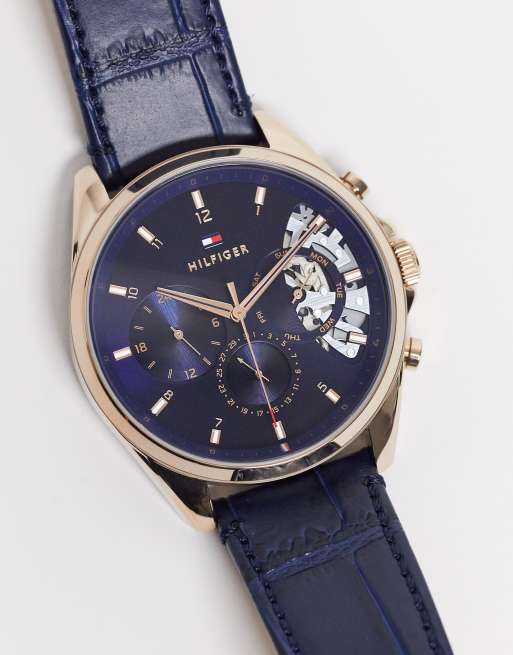 Tommy Hilfiger mens leather watch with skeleton detail in navy