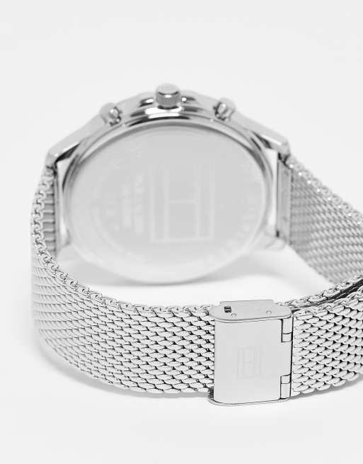 Tommy Hilfiger mens mesh bracelet watch with green dial in silver  