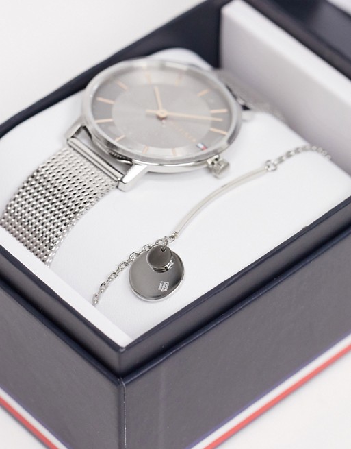 Tommy Hilfiger mesh watch and bracelet gift set in silver 2770092