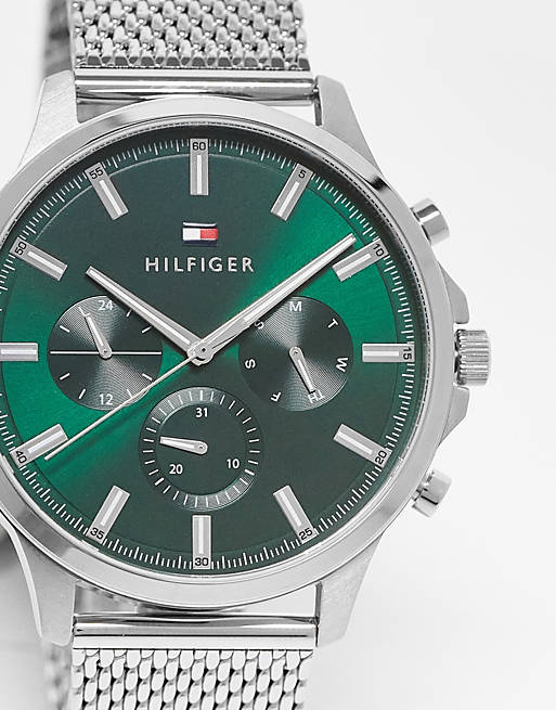 Tommy Hilfiger – Męski zegarek na siateczkowej bransolecie w kolorze srebrnym z zieloną tarczą – 1710499