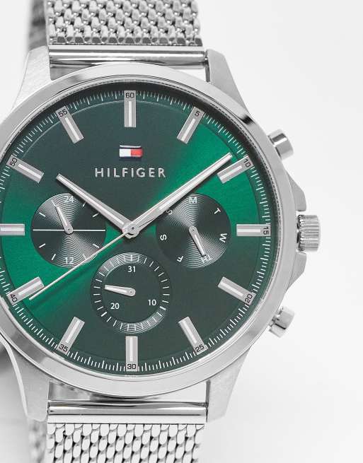 Tommy Hilfiger – Męski zegarek na siateczkowej bransolecie w kolorze srebrnym z zieloną tarczą – 1710499