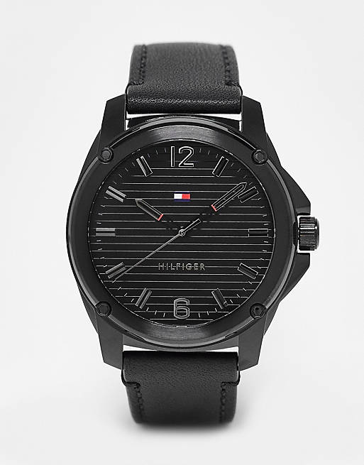 Tommy Hilfiger – Męski zegarek na skórzanym pasku 1710485 w trzech odcieniach czerni