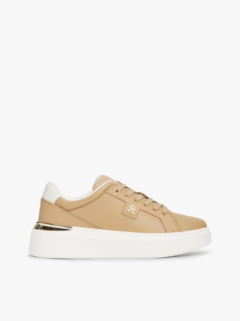 Tommy Hilfiger Metallic th monogram leather platform trainers in light brown - view 1