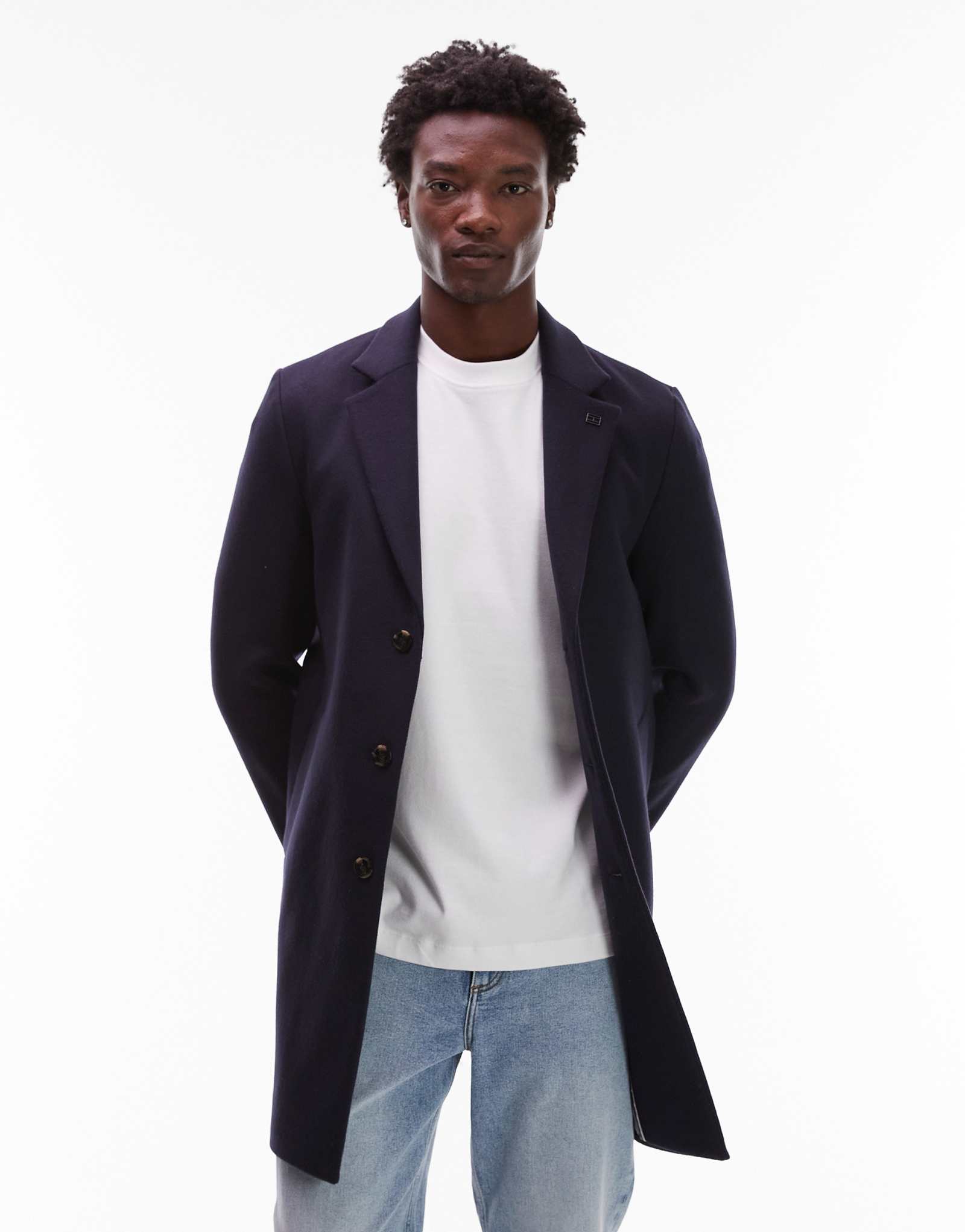 Темно-синее полушерстяное пальто средней длины от Tommy Hilfiger из смеси шерсти