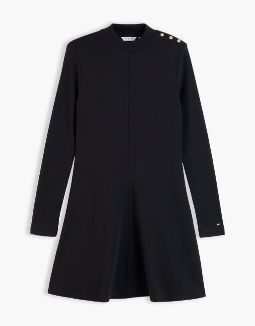 Tommy Hilfiger Midikleid mit ausgestelltem Schnitt, langen Ärmeln und goldfarbenen Knöpfen in Schwarz, 5 von 6