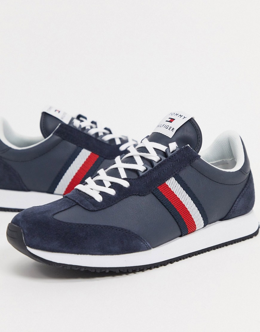 Tommy Hilfiger mix leather runner trainer in navy with side flag logo