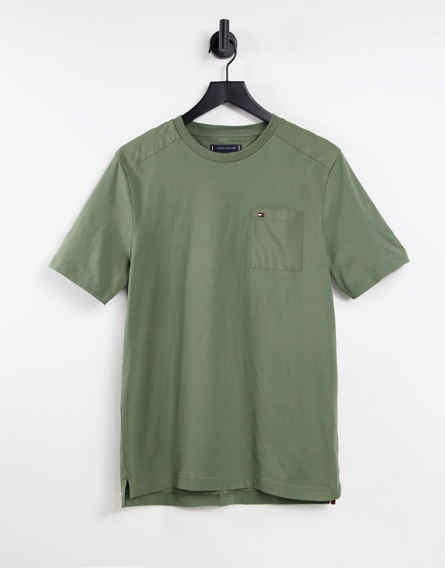 Tommy Hilfiger mixed media pocket t-shirt in dark green