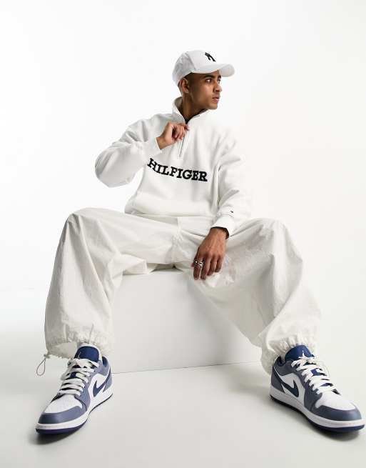Tommy Hilfiger mock neck 1/4 zip embroidered logo sweatshirt in white