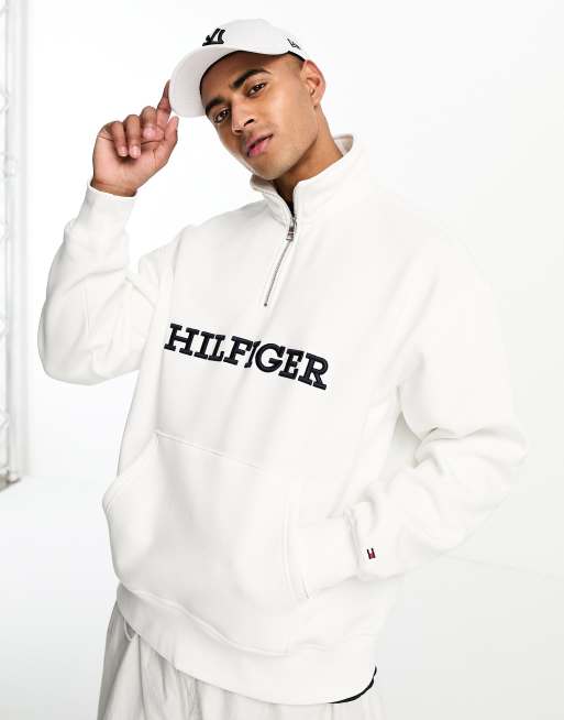 Tommy Hilfiger mockneck1/4 embroidered logo sweatshirt in white, 4 of 4