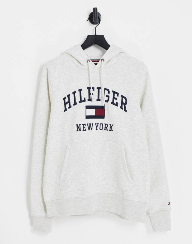 Tommy Hilfiger modern varsity logo cotton blend hoodie in beige heather