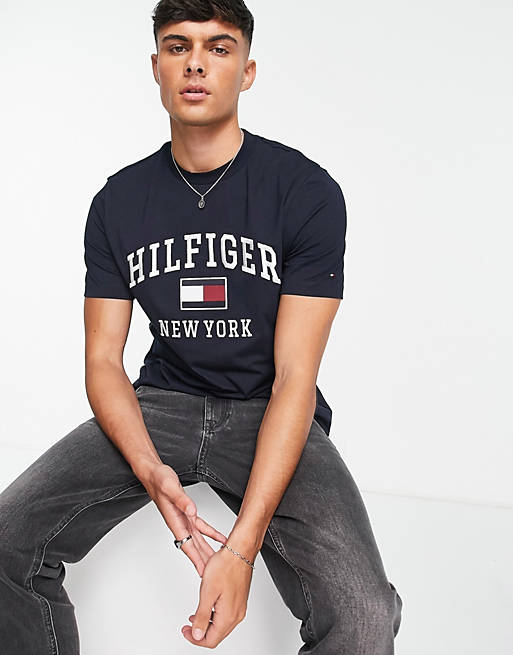 Synes få Godkendelse Tommy Hilfiger modern varsity logo cotton t-shirt in navy | ASOS