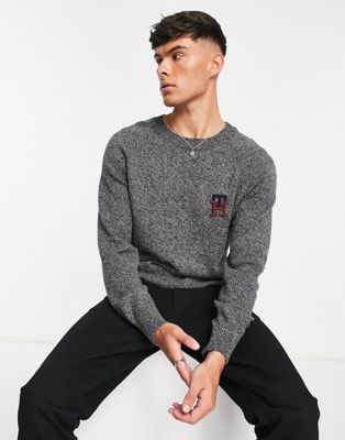 Tommy Hilfiger monogram logo american cotton knit jumper in dark grey marl