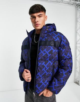 Tommy Hilfiger monogram print NY high loft hooded puffer in blue